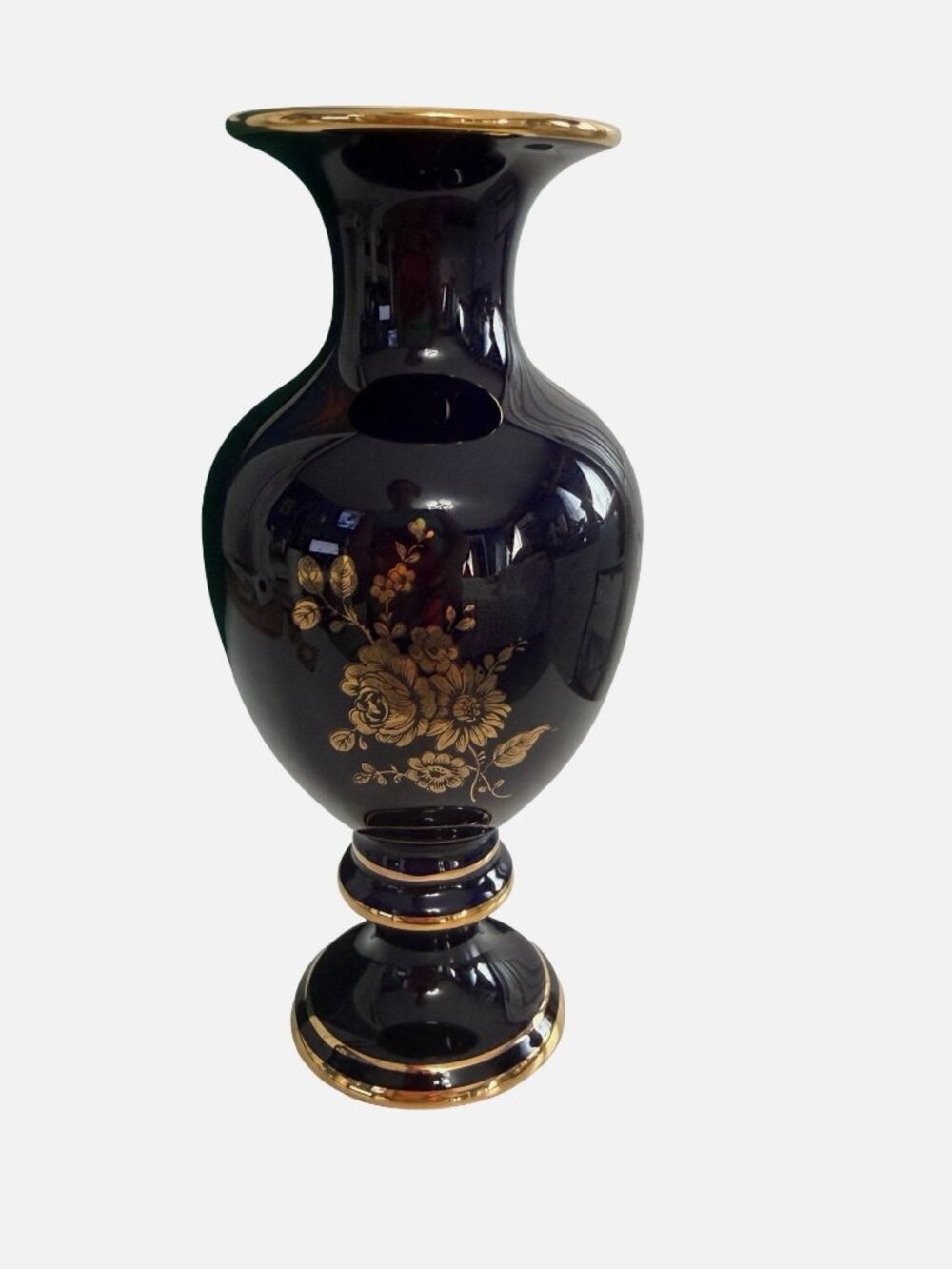 Vintage Cobalt Blue Porcelain Vase Gold Floral Decor Artist Signed Chile Gold Tr